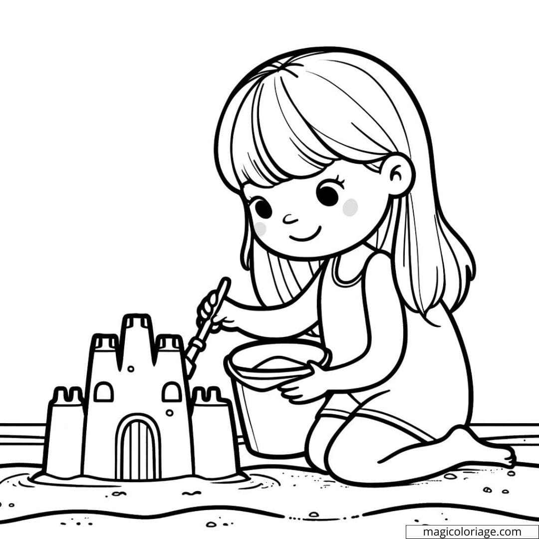 Coloriage d'une fille construisant un château de sable