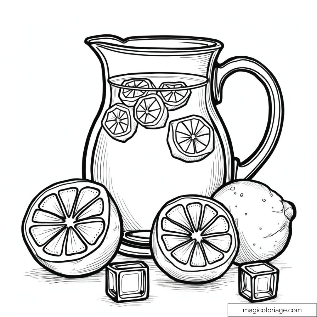 Illustration d'une carafe de citronnade avec glaçons et tranches de citron.