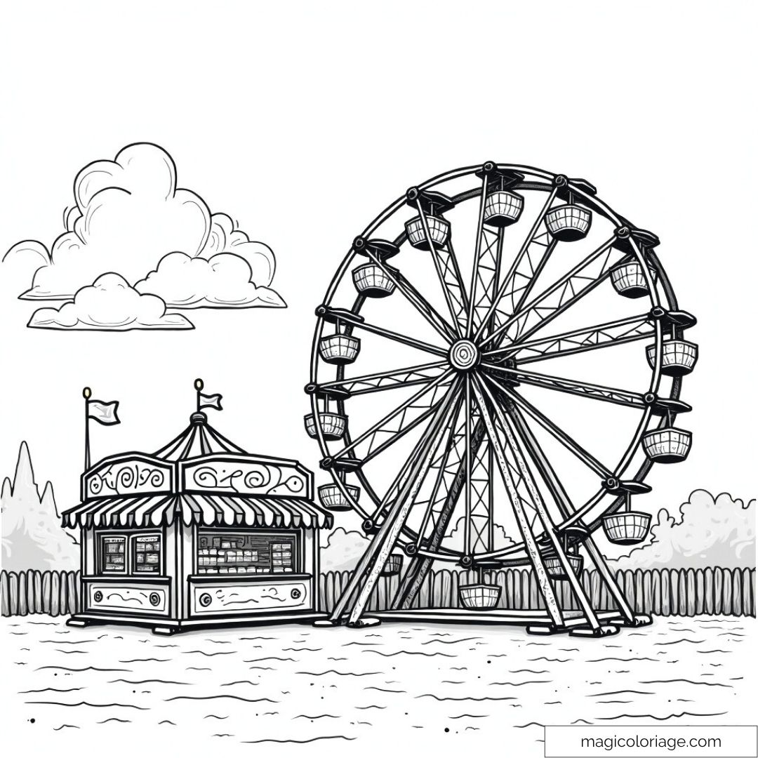 Grande roue et kiosque de fête foraine en noir et blanc à colorier.
