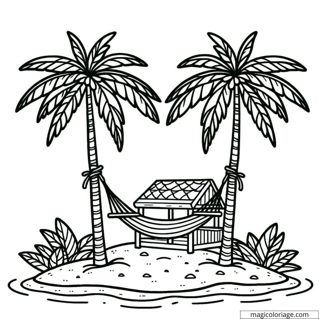 Coloriage d'une petite île tropicale avec un hamac et deux palmiers