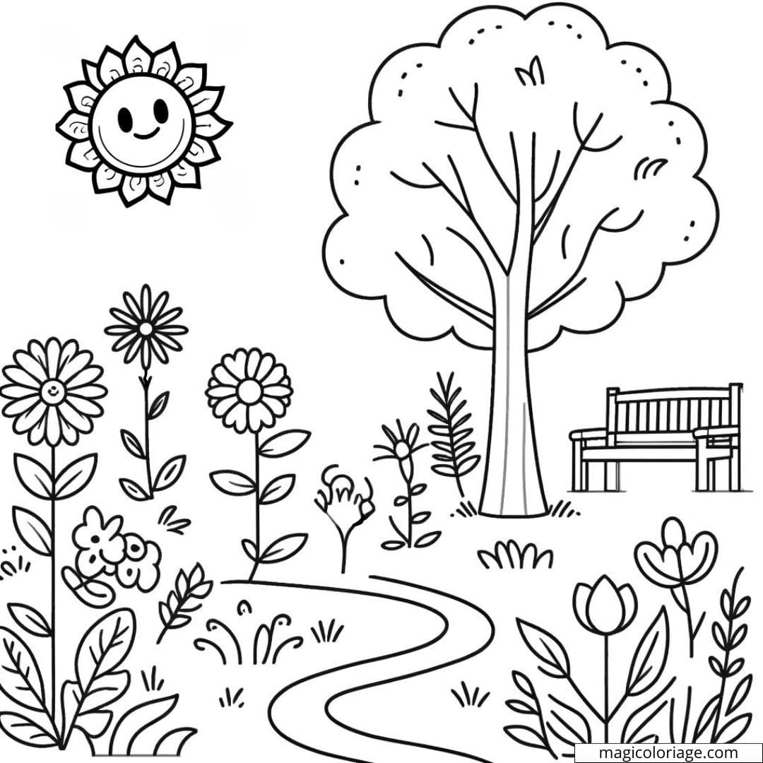 Coloriage d'un jardin d'été avec un banc sous un arbre