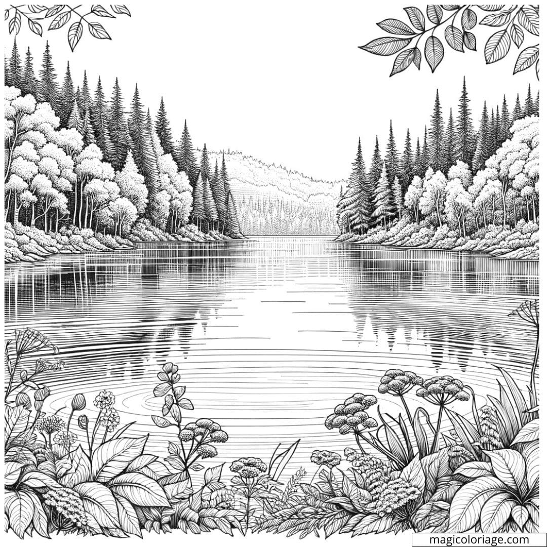Coloriage d'un lac tranquille entouré de forêts denses en été
