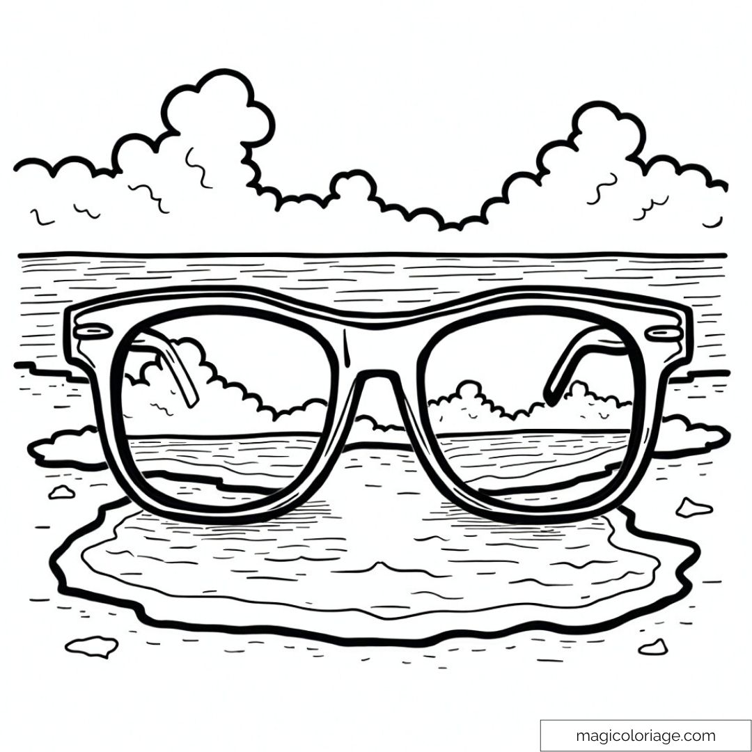 Lunettes de soleil posées sur une plage avec vue sur la mer et nuages.