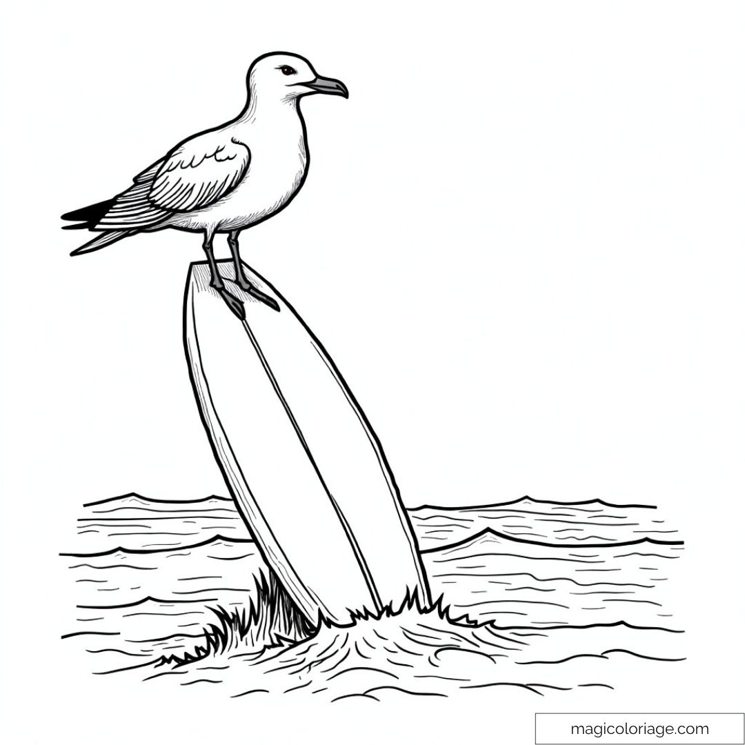 Image d'une mouette sur une planche de surf avec des vagues en arrière-plan.