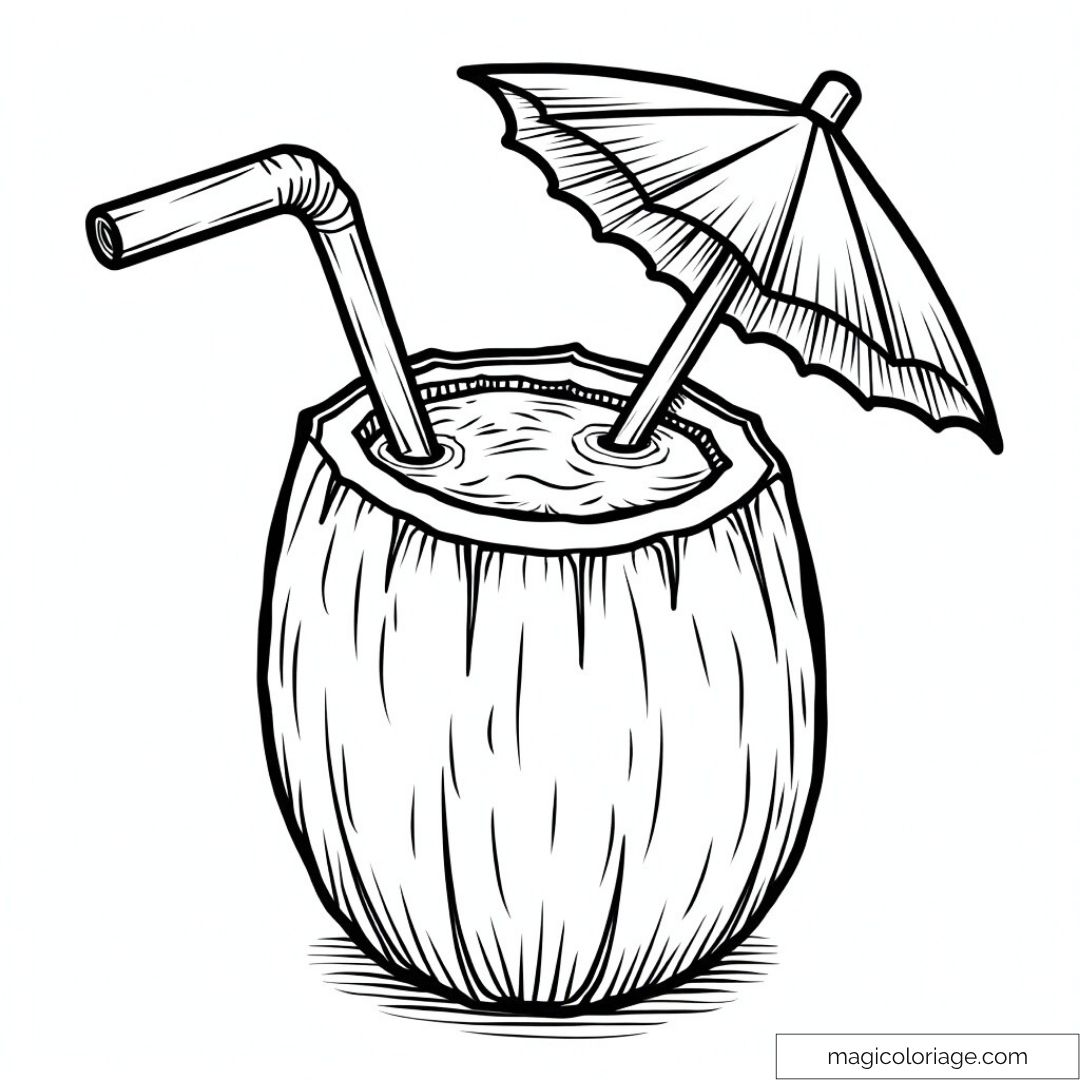 Noix de coco à colorier avec paille et parasol tropical