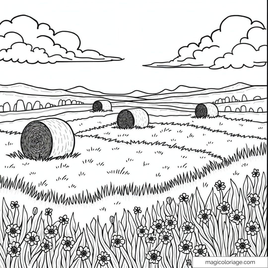 Coloriage de paysage avec balles de foin et fleurs des champs