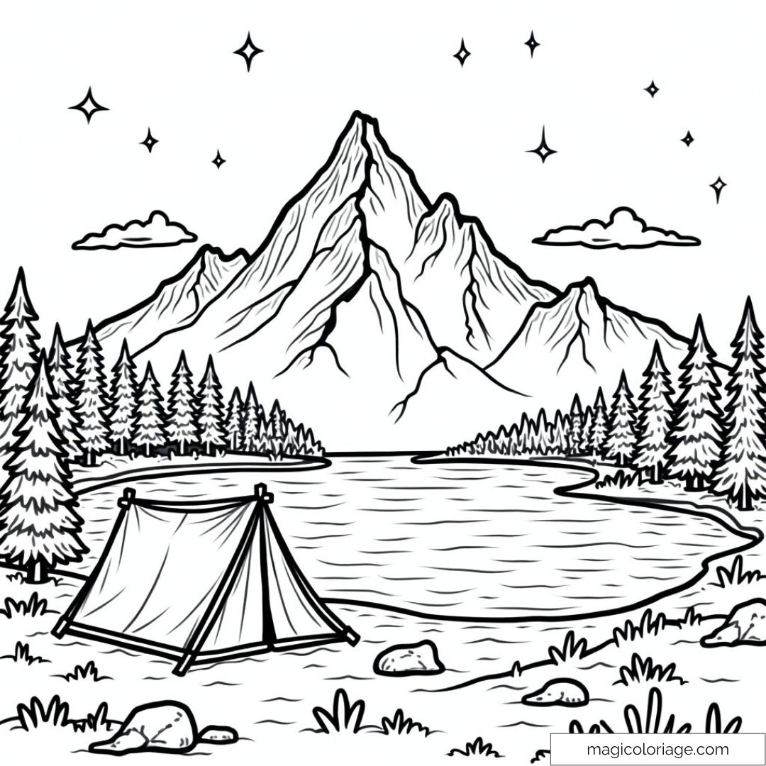 Paysage de montagne avec tente au bord du lac et étoiles.