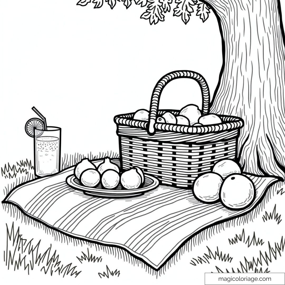 Dessin de pique-nique sous un arbre avec panier et fruits à colorier