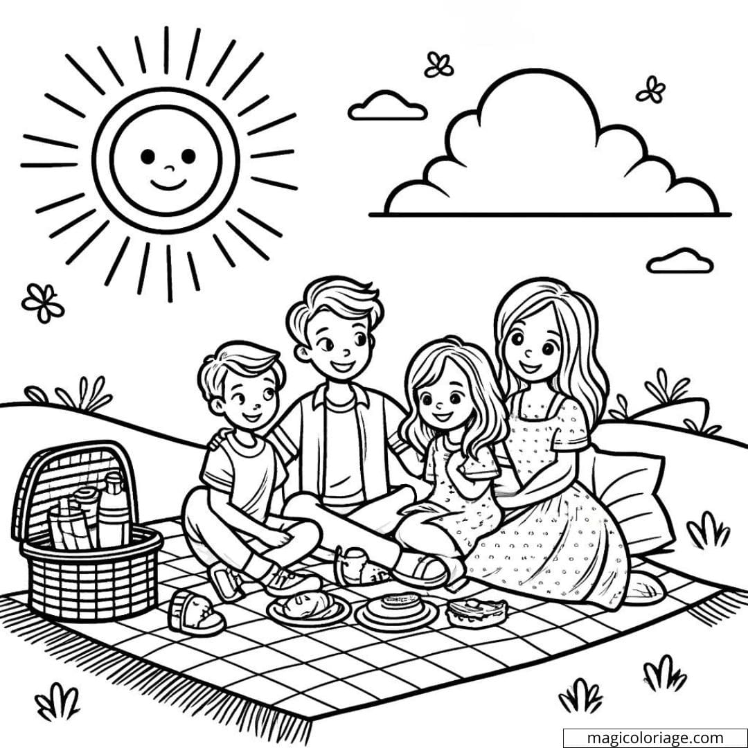 Coloriage d'une famille faisant un pique-nique sous un soleil radieux