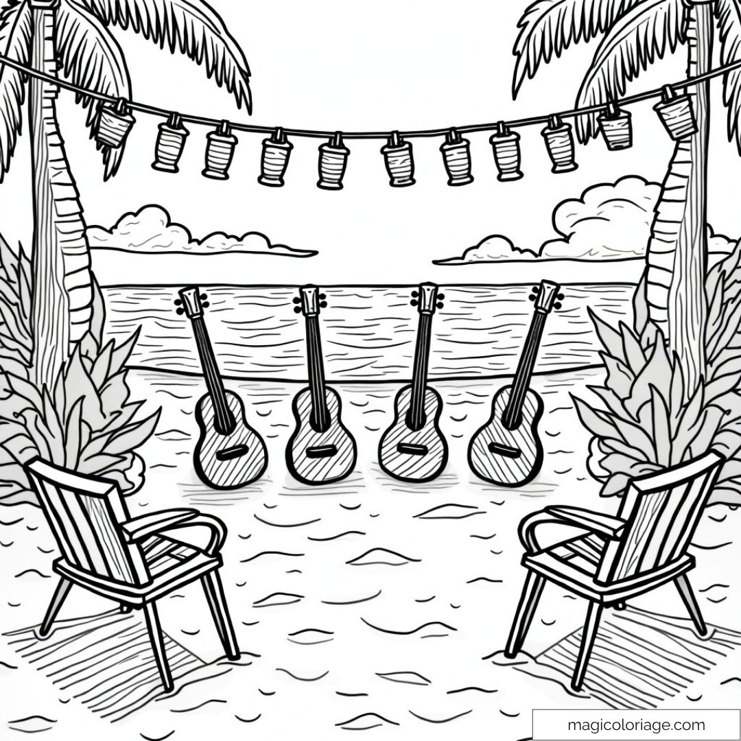 Scène de plage avec guitares