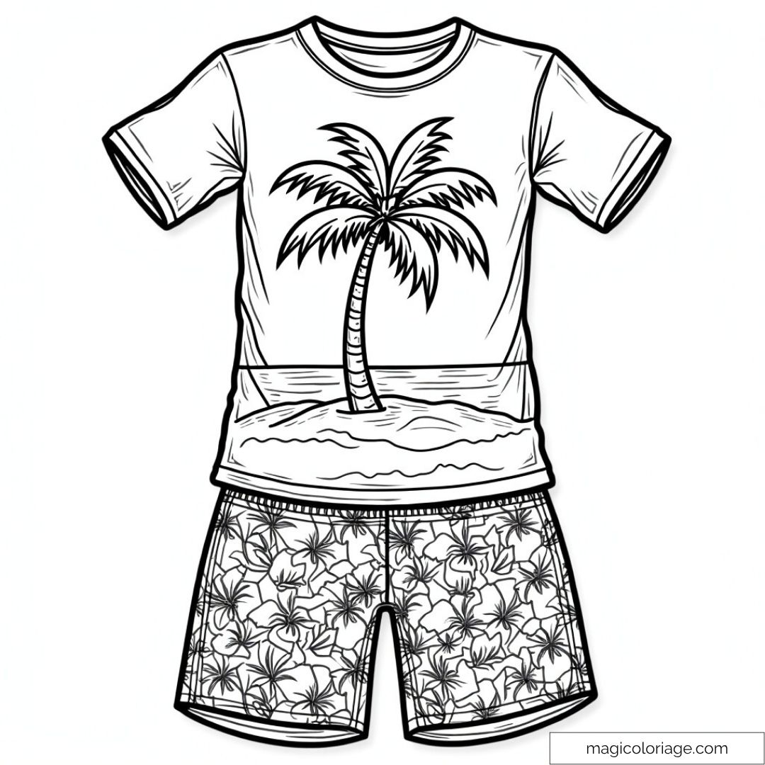 Dessin à colorier ensemble plage avec palmiers pour enfants.