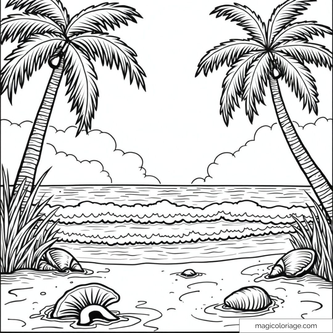 Plage tropicale avec palmiers et coquillages à colorier.