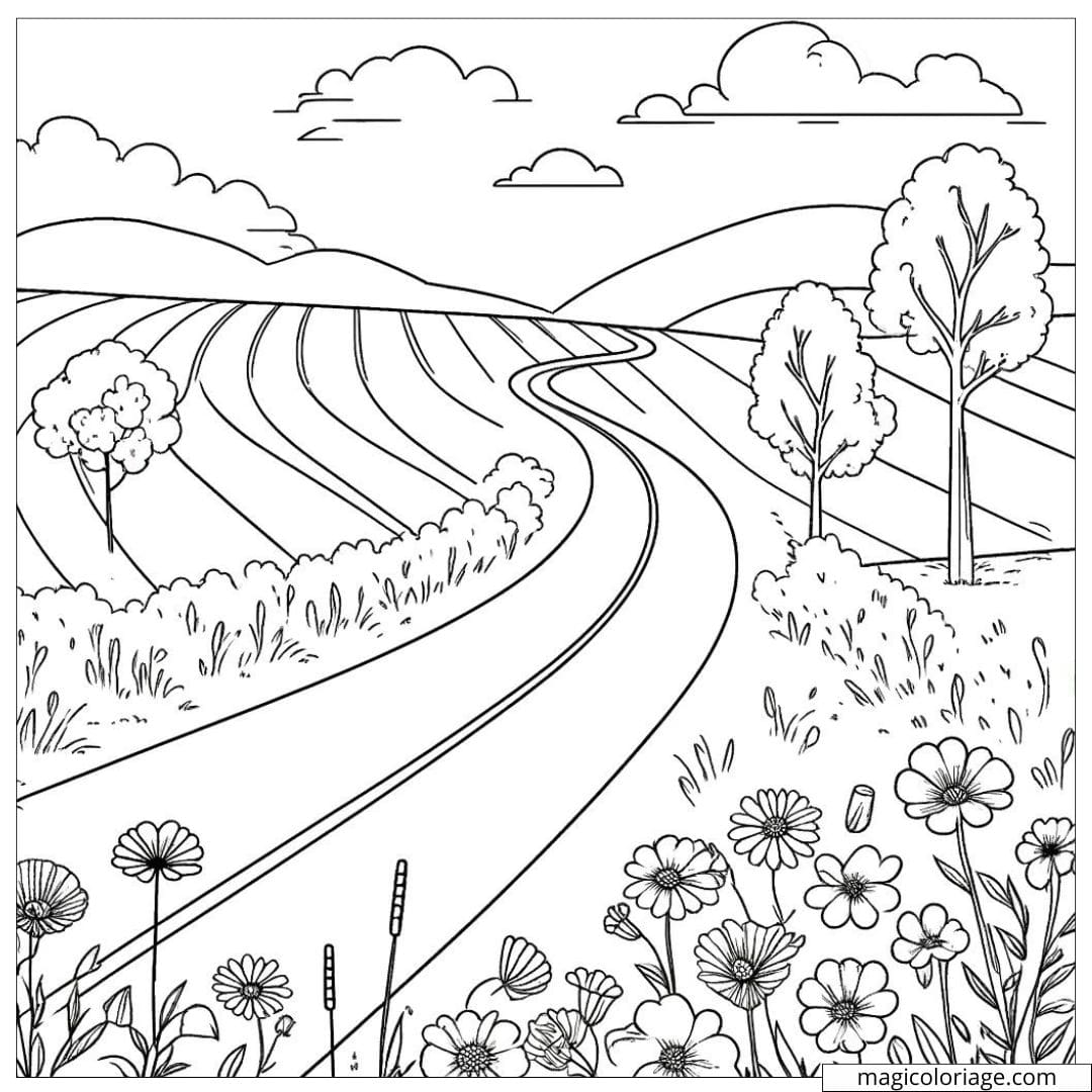 Coloriage d'une route de campagne en été