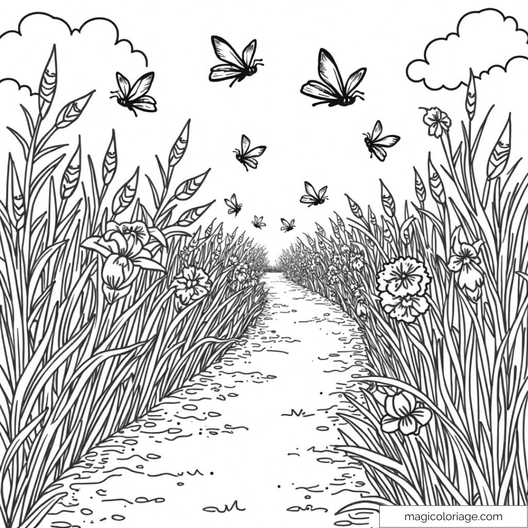 Dessin de fleurs et papillons sur un chemin naturel