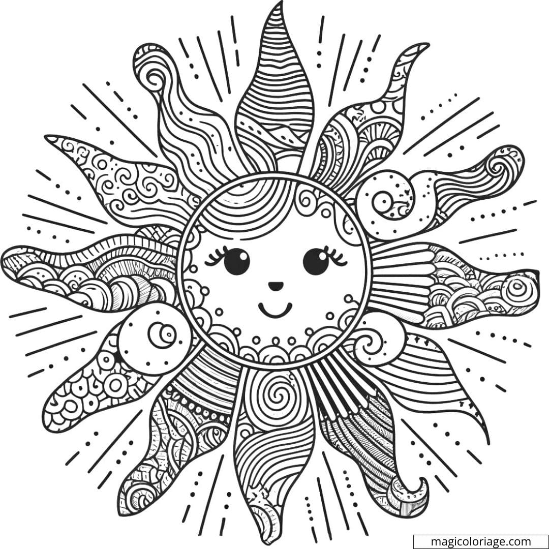Coloriage d'un soleil avec des rayons ondulés