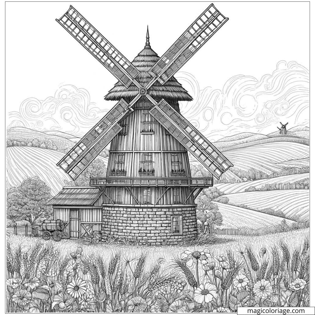 Coloriage d'un vieux moulin à vent au milieu des champs en été