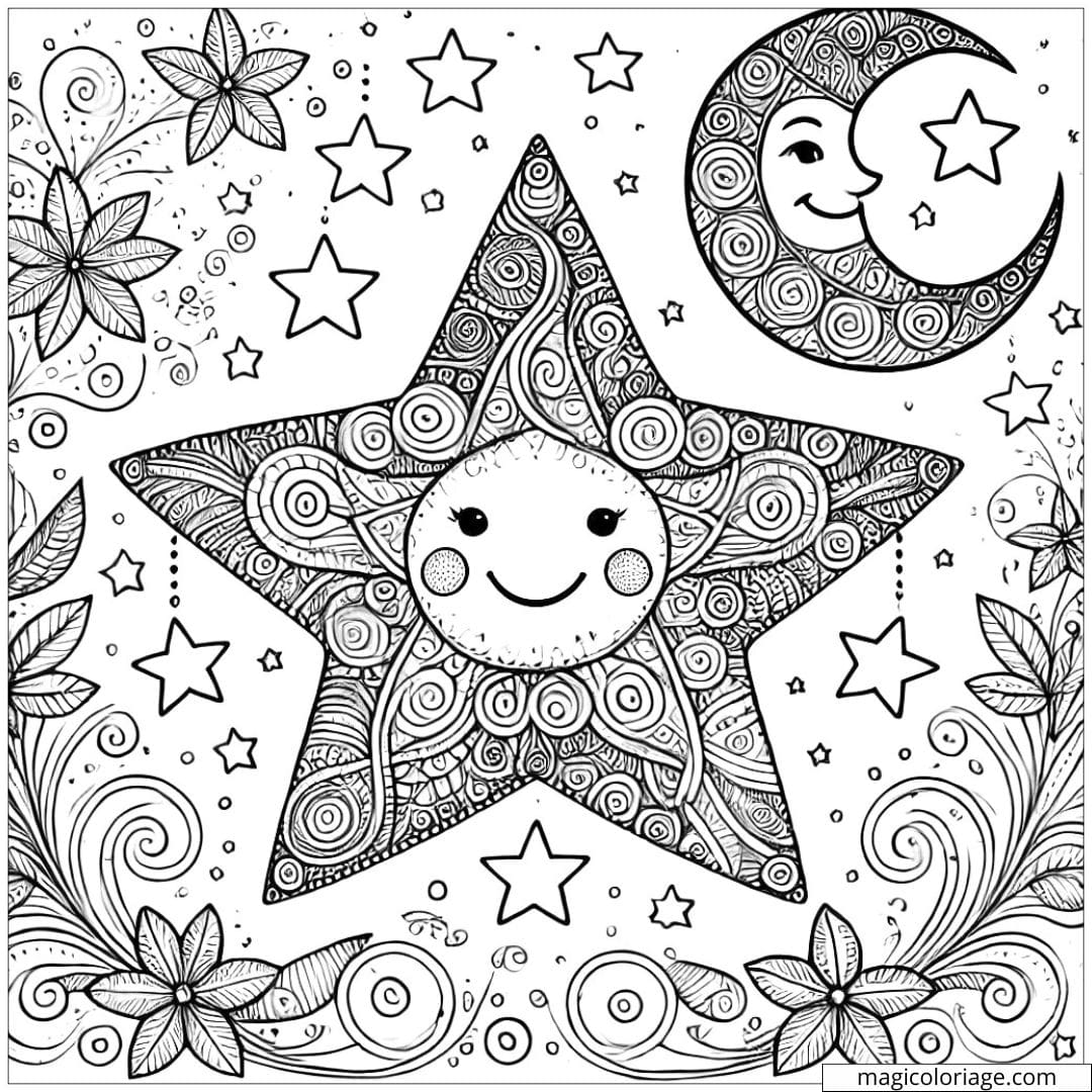 Coloriage d'une étoile avec des motifs et une lune pour enfants à imprimer.