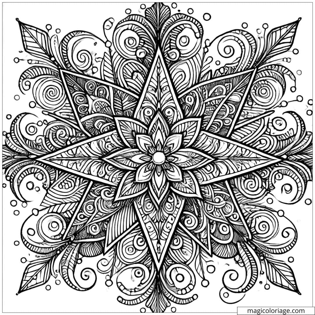 Coloriage d'une étoile complexe avec des motifs floraux pour adultes à imprimer.