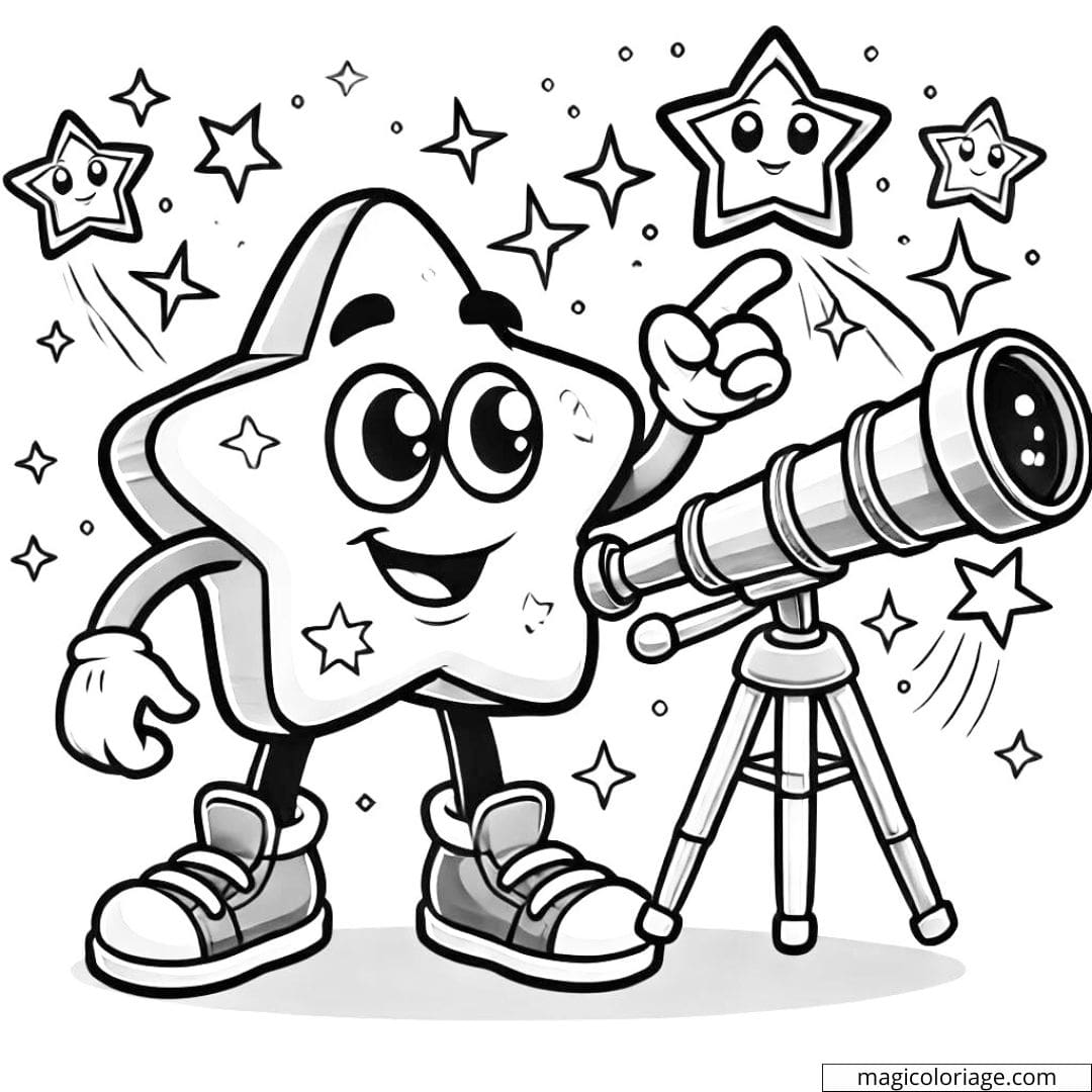 Coloriage étoile filante avec télescope pour enfants à imprimer