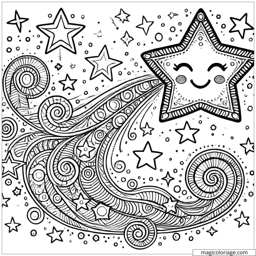 Coloriage d'une étoile filante avec petites étoiles pour enfants à imprimer.