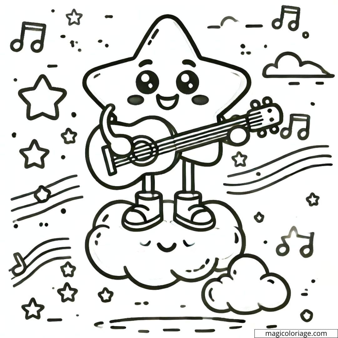 Coloriage étoile jouant de la guitare pour enfants à imprimer