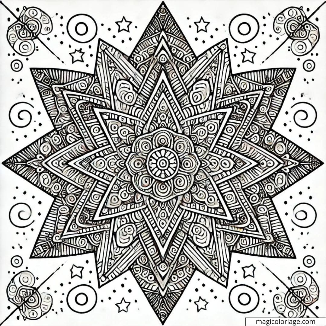 Coloriage d'une étoile mandala complexe avec des motifs symétriques pour enfants à imprimer.