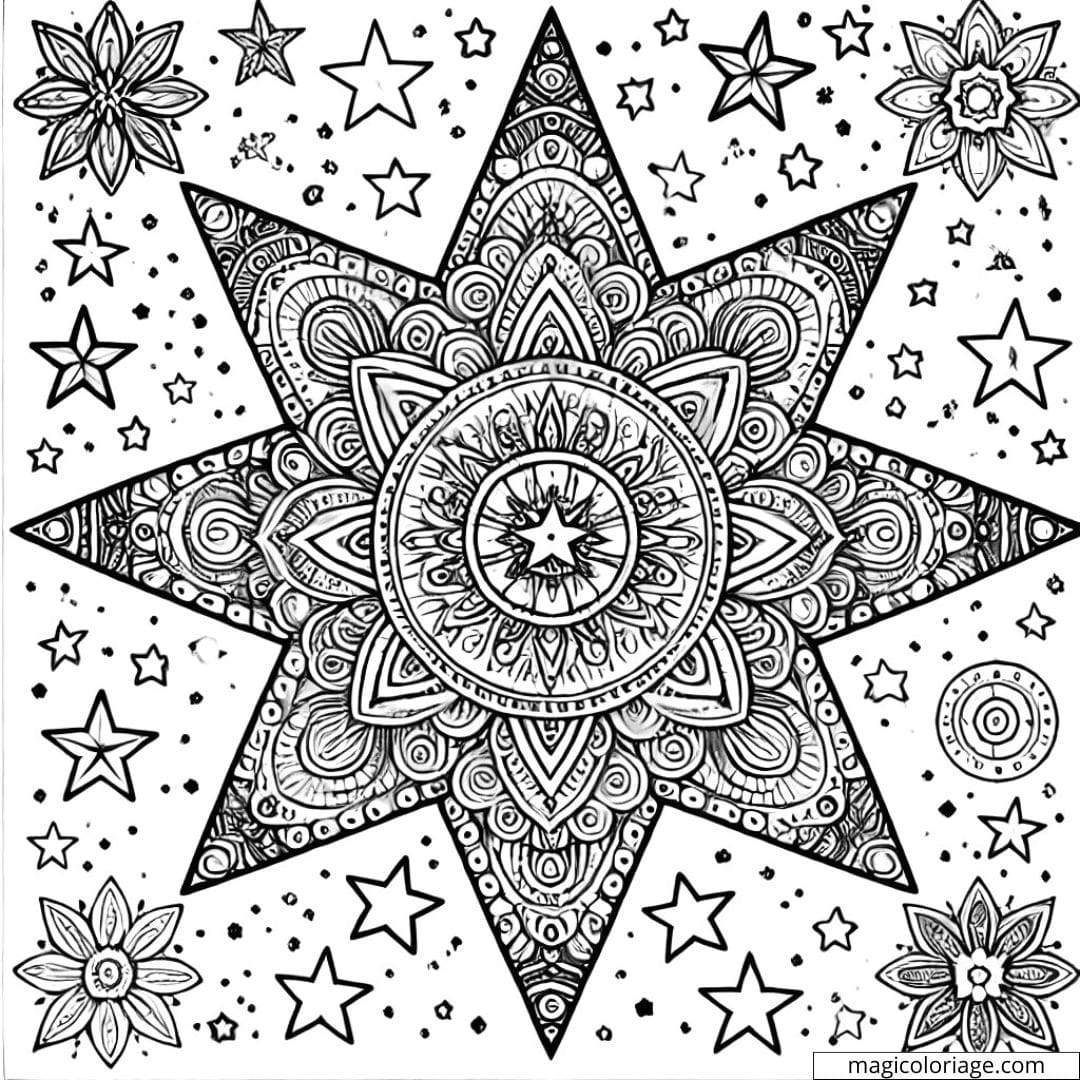 Coloriage d'une étoile mandala avec de petites étoiles pour enfants à imprimer.