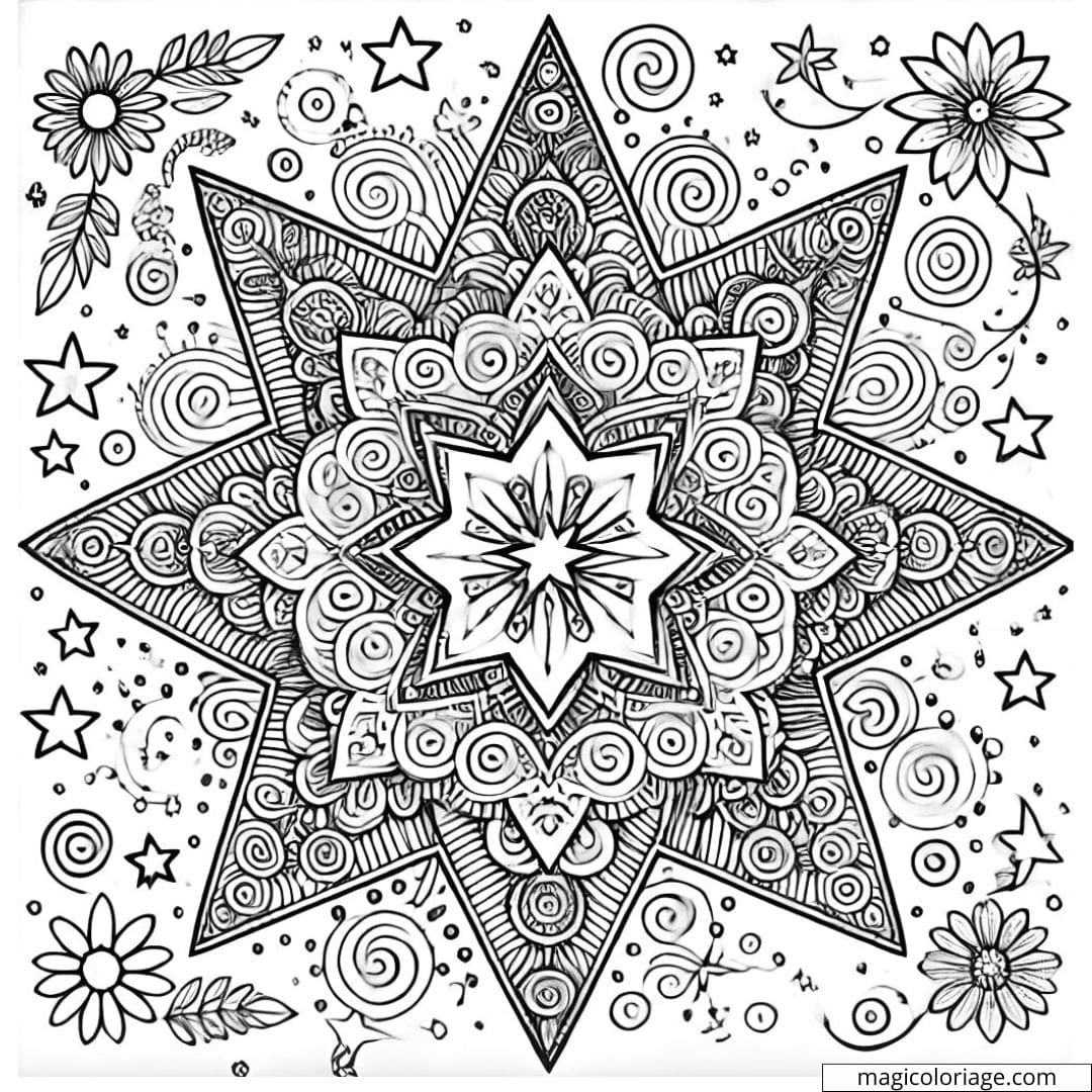 Coloriage d'une étoile mandala florale avec des motifs délicats pour enfants à imprimer.