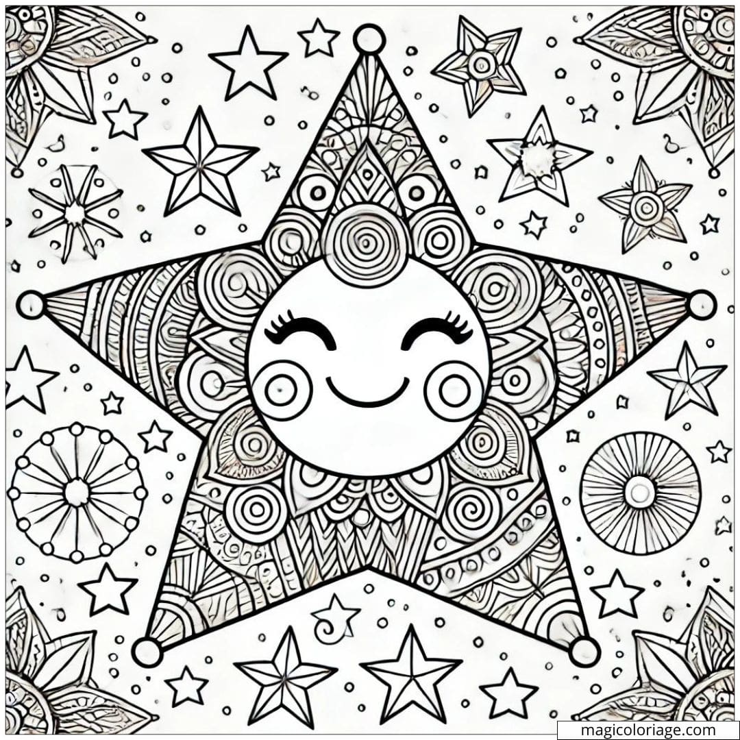 Coloriage d'une étoile mandala joyeuse avec des motifs détaillés pour enfants à imprimer.