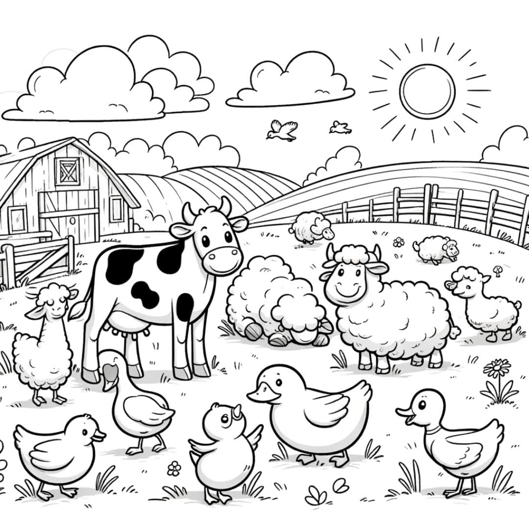 Coloriage d'animaux de la ferme jouant ensemble