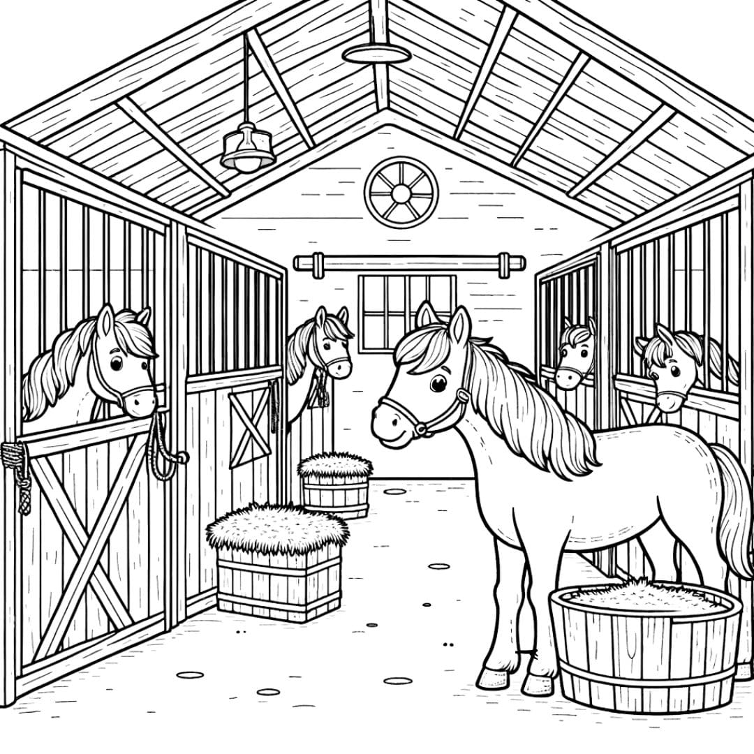 Dessin à colorier de Chevaux dans l'étable de la ferme