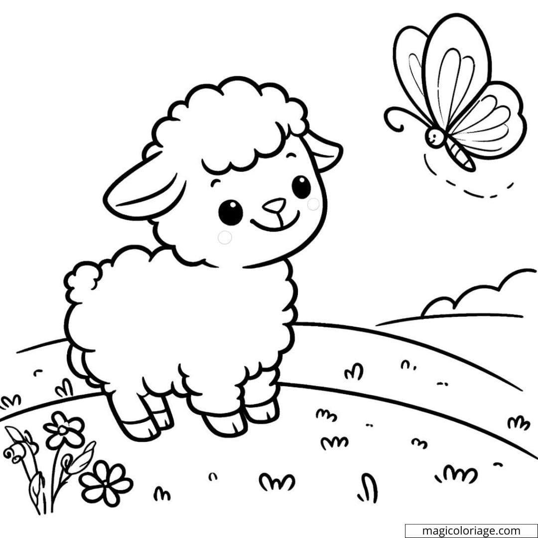 Coloriage ferme à imprimer avec un agneau et un papillon, idéal pour les enfants.