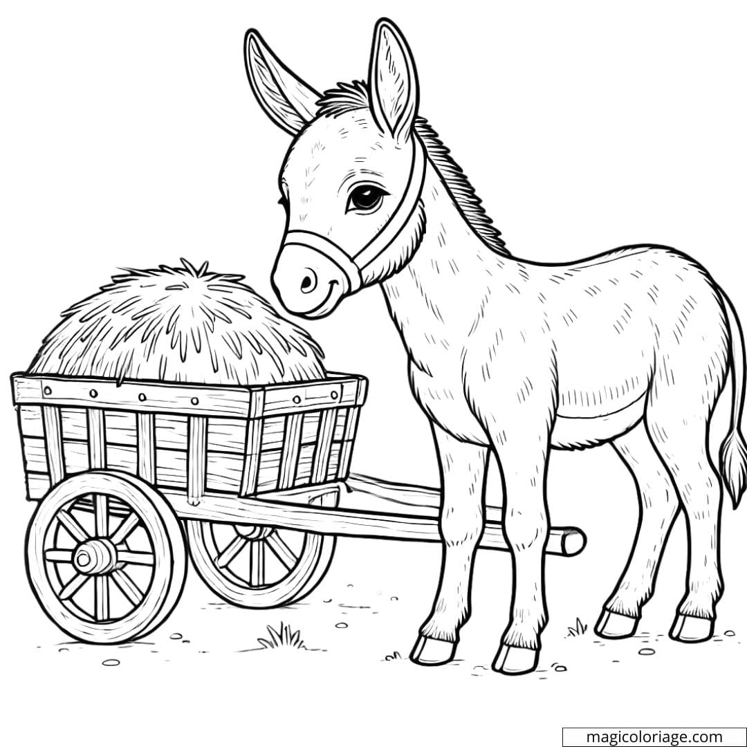 Coloriage ferme avec un âne et une charrette en bois, parfait pour les enfants.