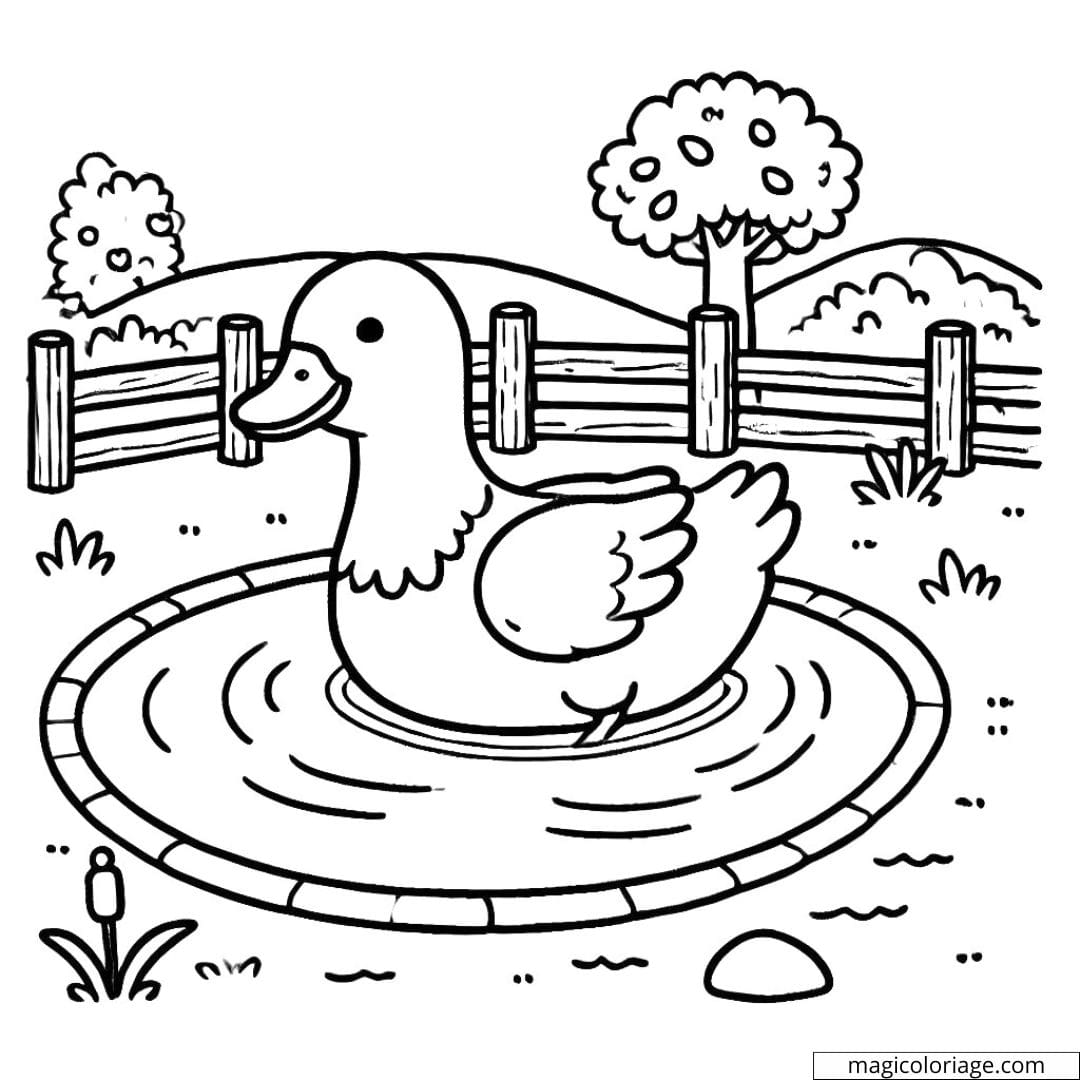Coloriage ferme à imprimer avec un canard dans un étang, parfait pour les enfants.
