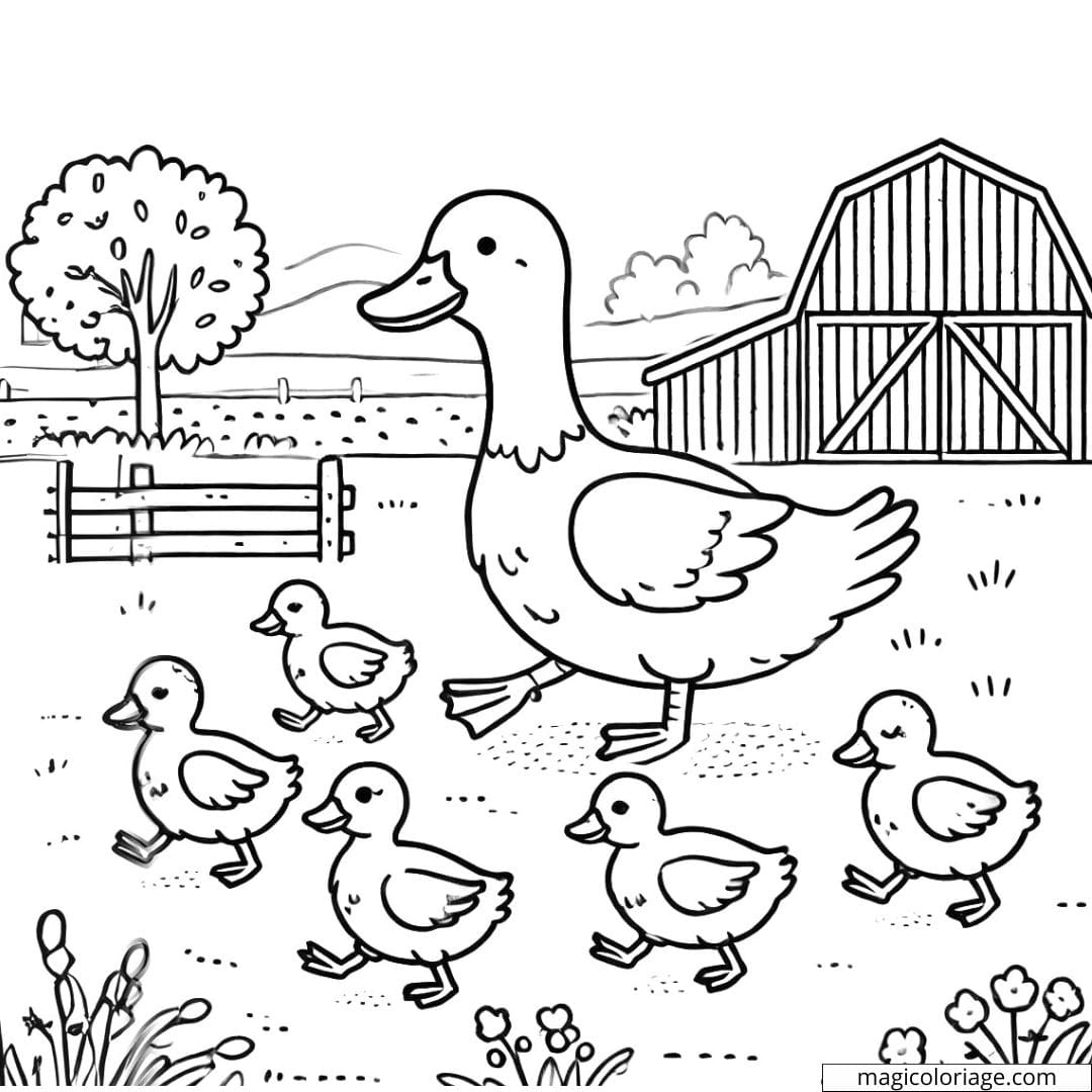 Coloriage ferme avec des canards en file, parfait pour les enfants.