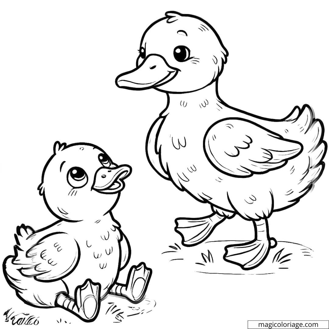 Dessin à colorier de deux canards sur une ferme, idéal pour les activités des enfants.