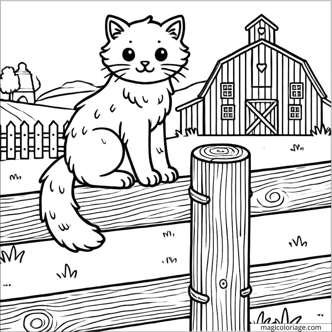 Coloriage ferme à imprimer avec un chat curieux sur une clôture, parfait pour les enfants.