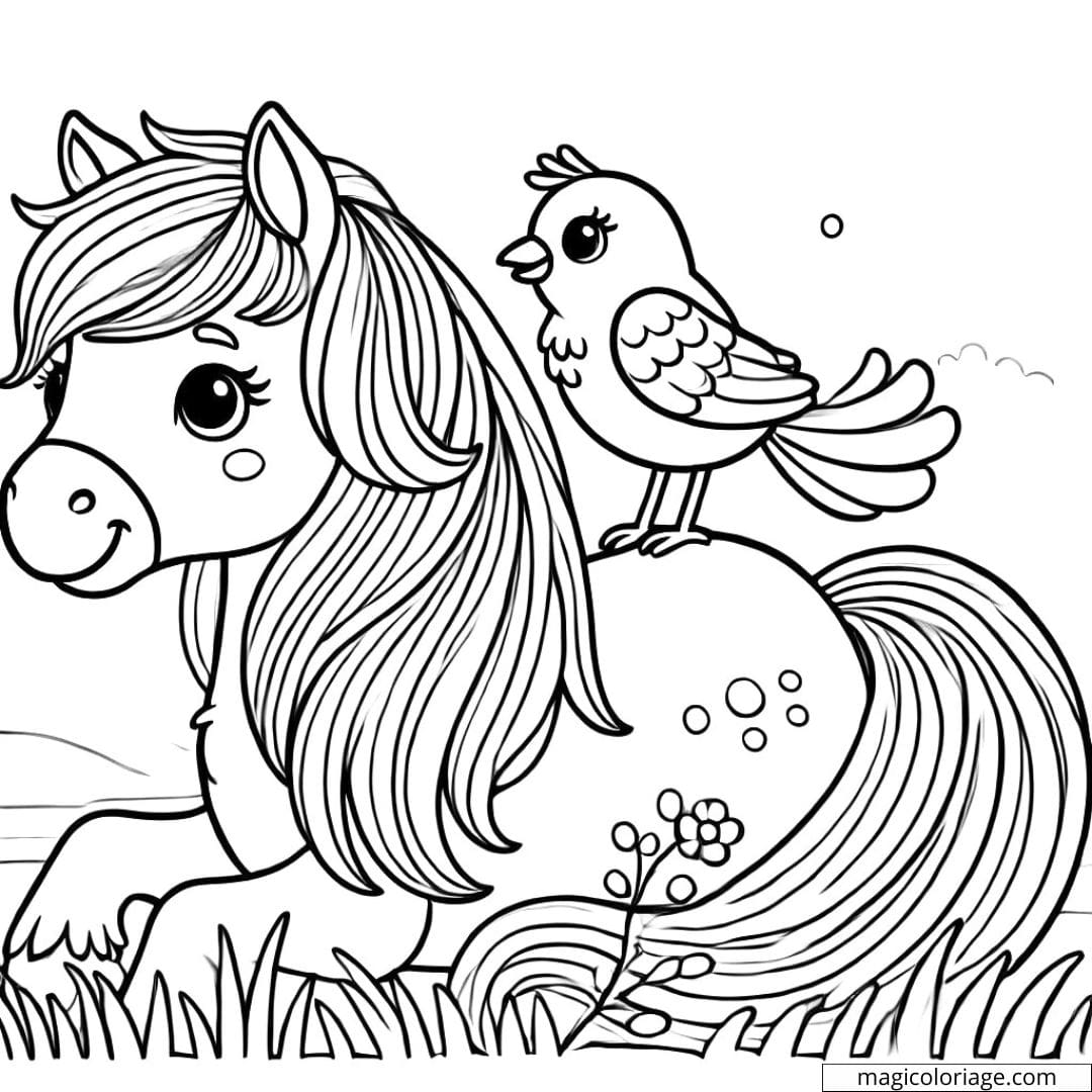 Coloriage ferme avec un cheval amical et un oiseau, parfait pour les enfants.