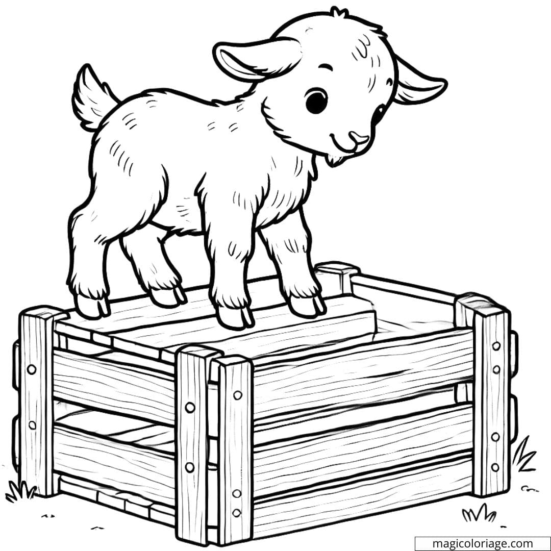Coloriage ferme à imprimer avec une chèvre curieuse sur une caisse en bois.