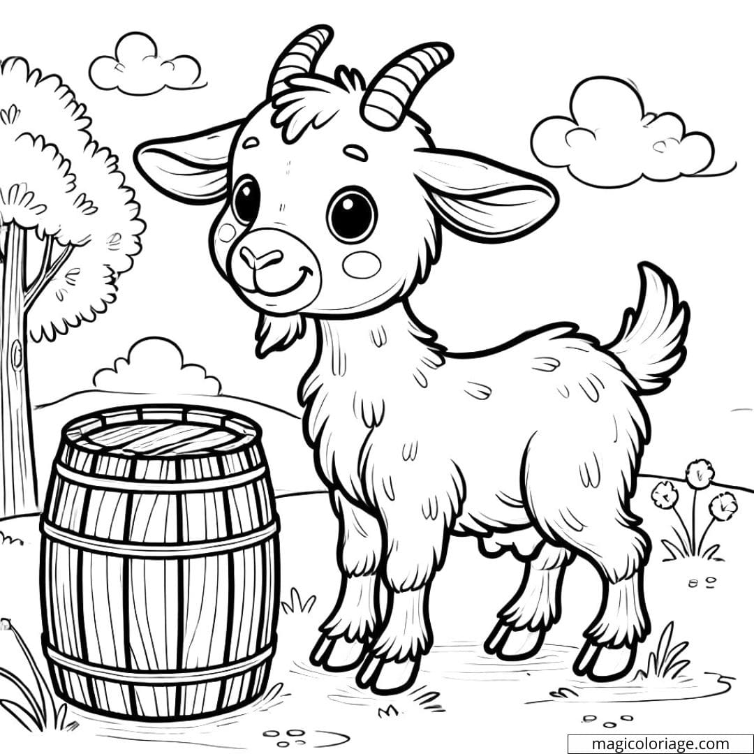 Coloriage à imprimer d'une chèvre joyeuse sur une ferme, idéal pour les enfants.