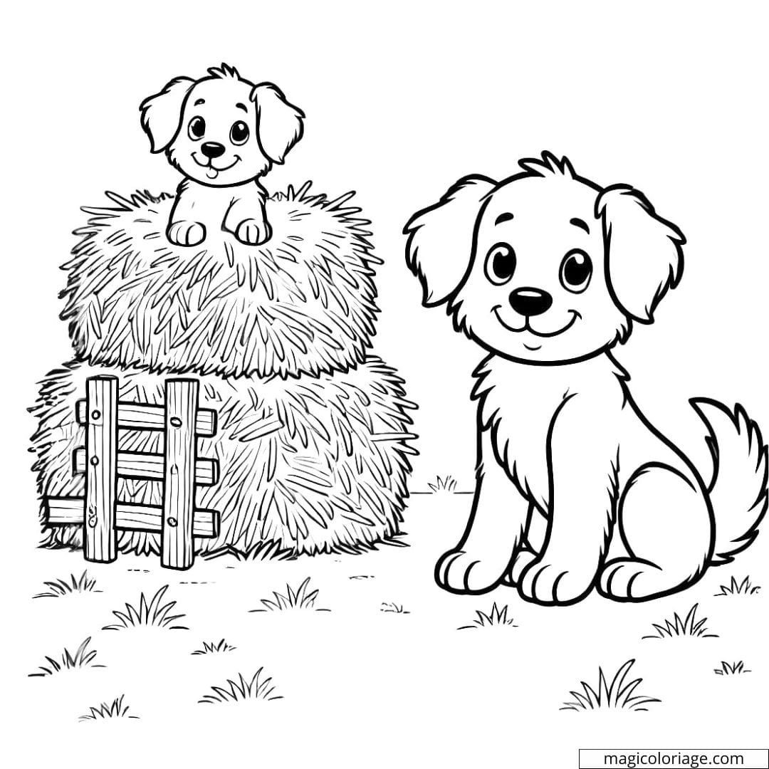 Coloriage ferme avec un chien et des bottes de foin, idéal pour les activités des enfants.