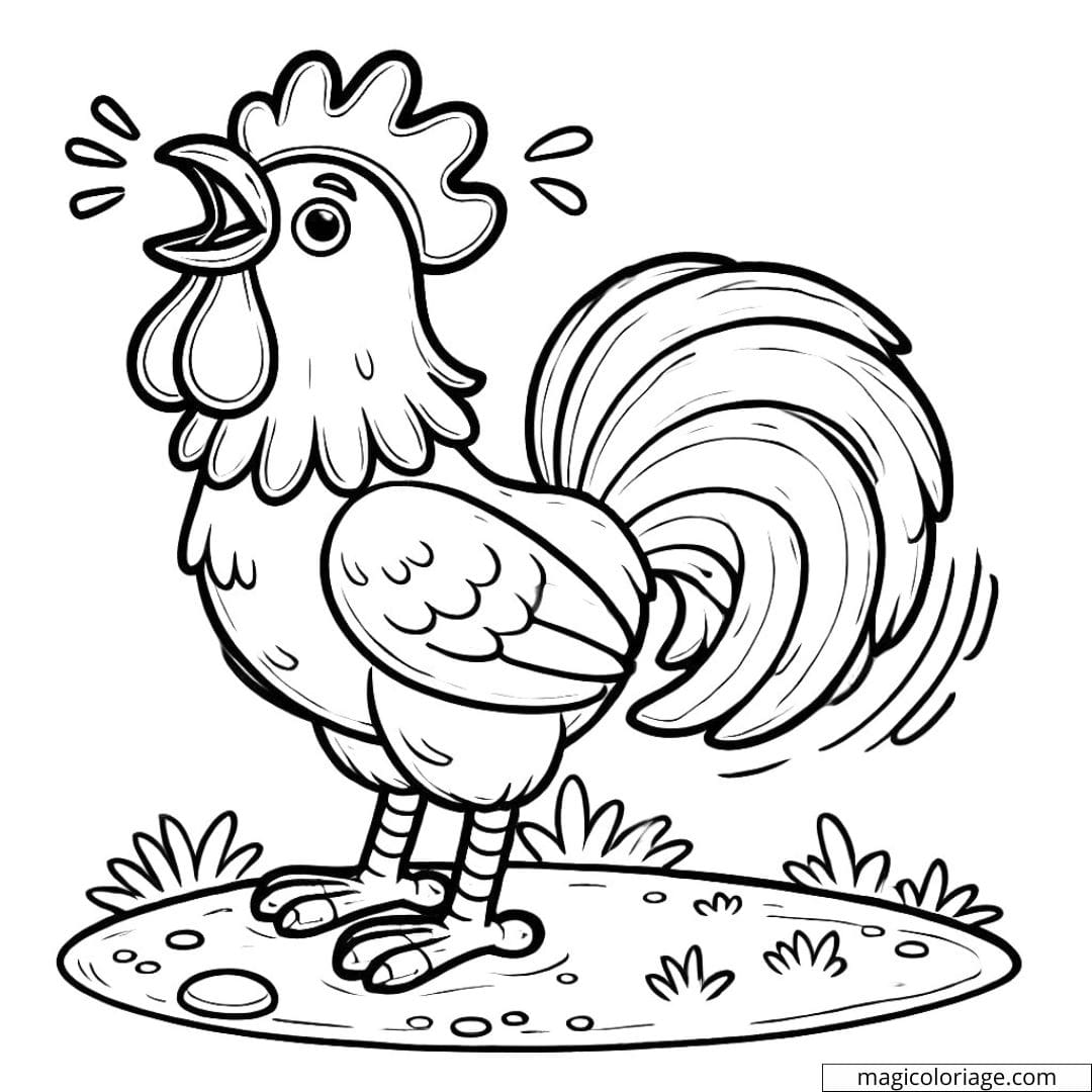 Coloriage ferme à imprimer avec un coq chantant, idéal pour les enfants.