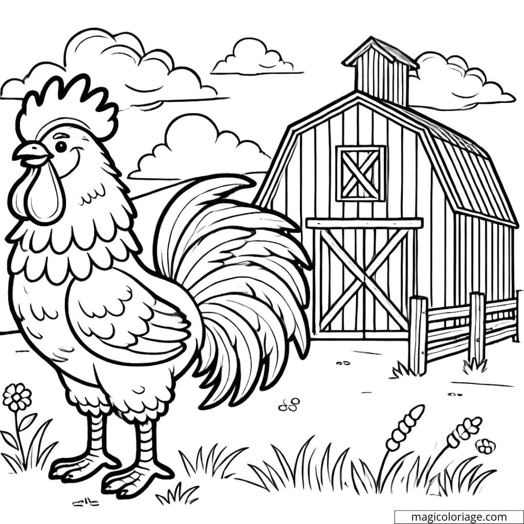 Coloriage ferme à imprimer avec un coq devant une grange, parfait pour les enfants.