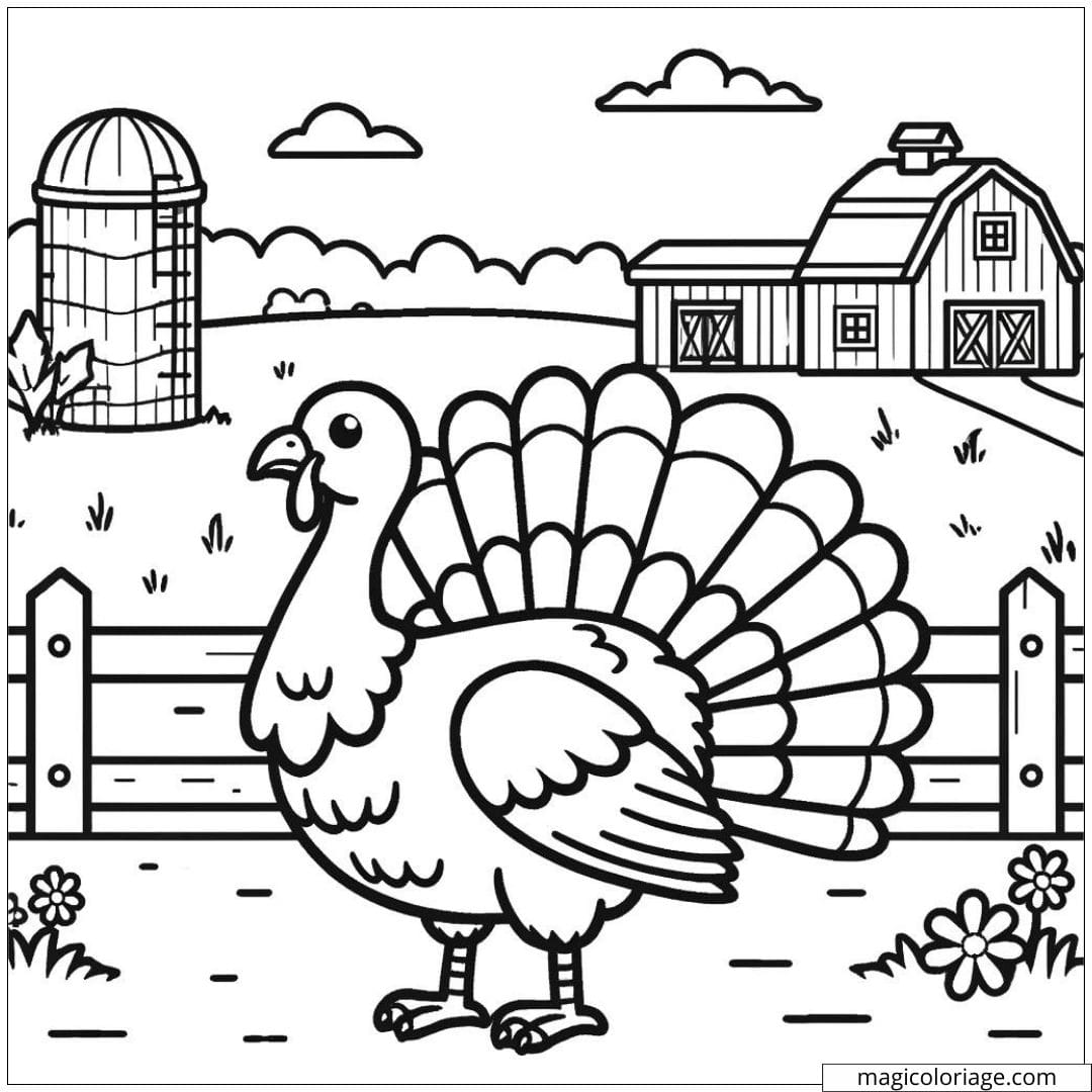 Coloriage ferme à imprimer avec un dindon fier, idéal pour les enfants.