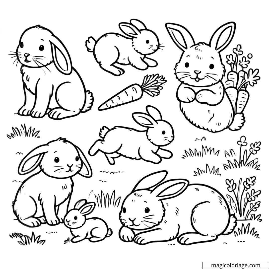 Coloriage ferme à imprimer avec des lapins, idéal pour les enfants.