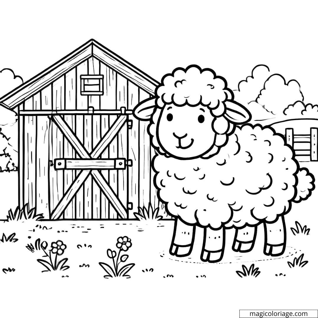 Coloriage ferme à imprimer avec un mouton à la laine duveteuse à côté d'une grange.