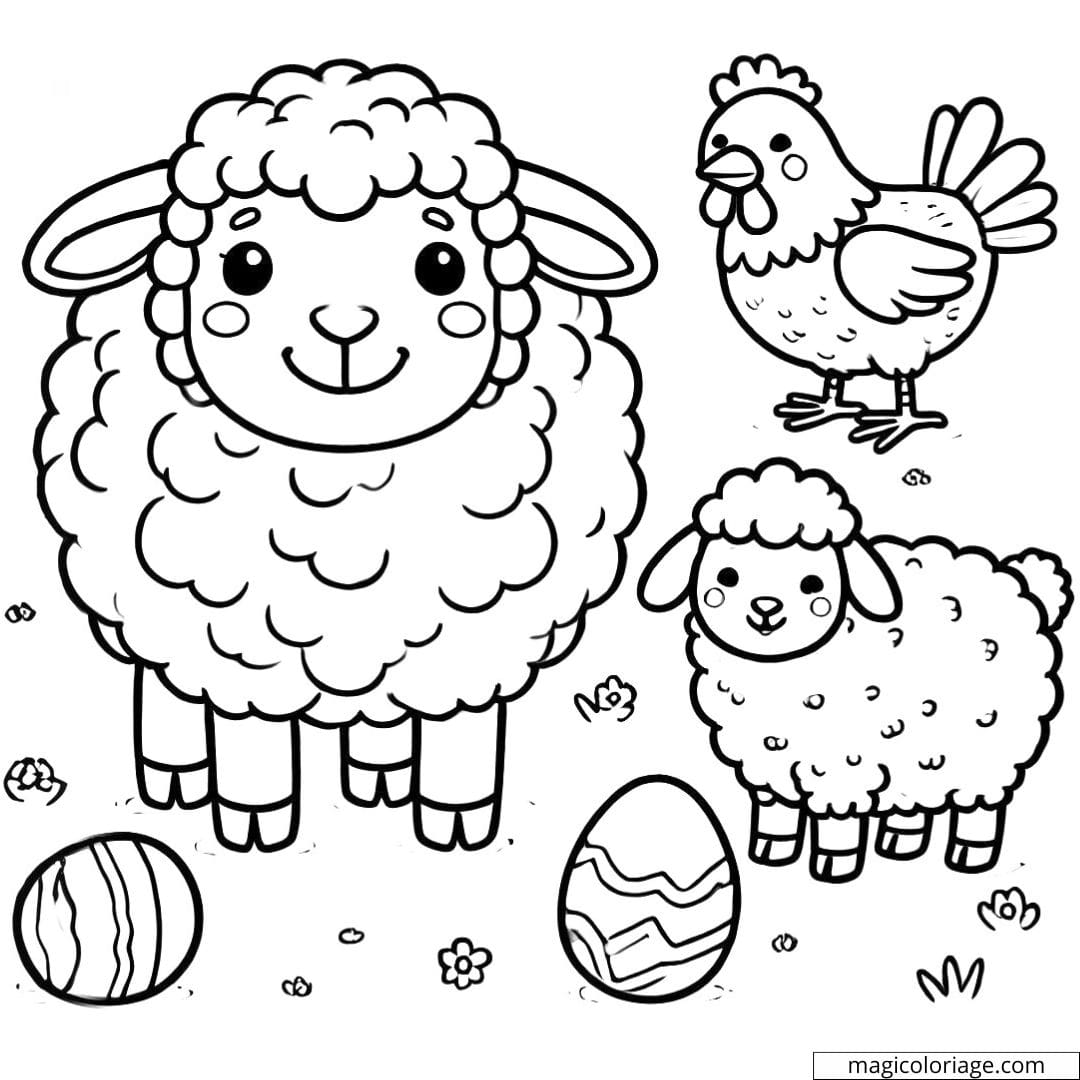 Dessin à colorier ferme avec un mouton souriant et une poule, facile à imprimer et colorier pour les enfants.