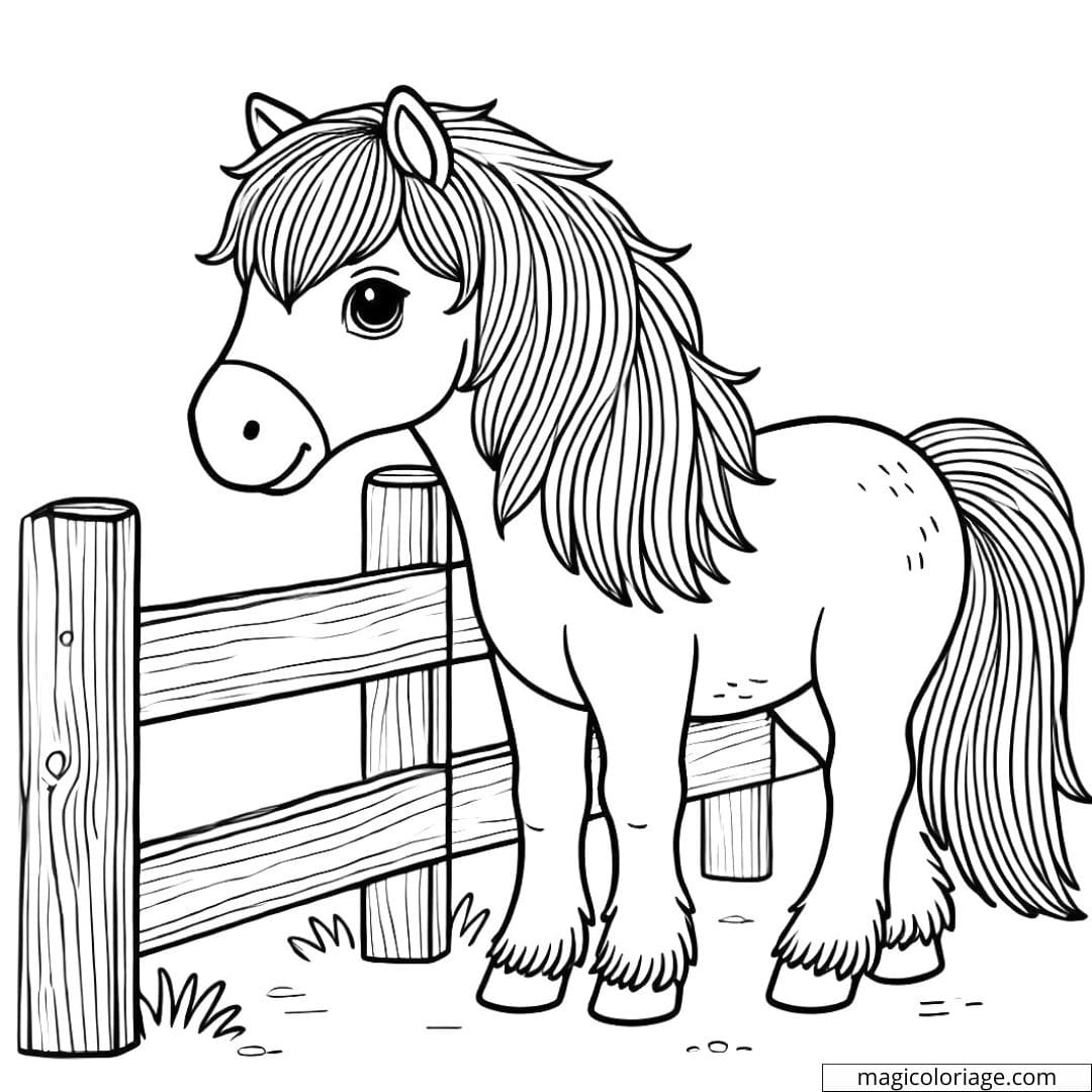 Coloriage ferme à imprimer avec un Poney et une clôture, parfait pour les enfants.