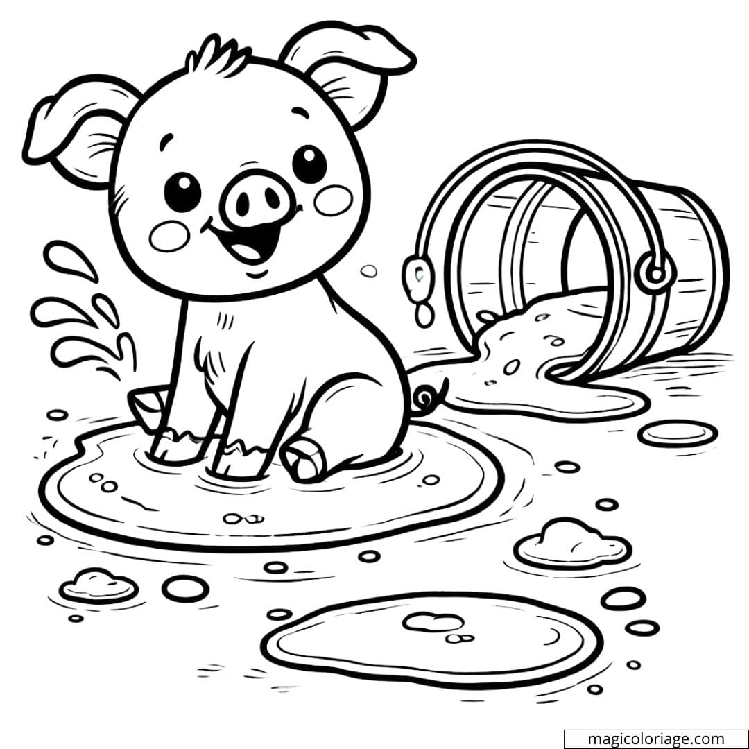 Coloriage ferme avec un porcelet dans la boue, idéal pour les enfants.