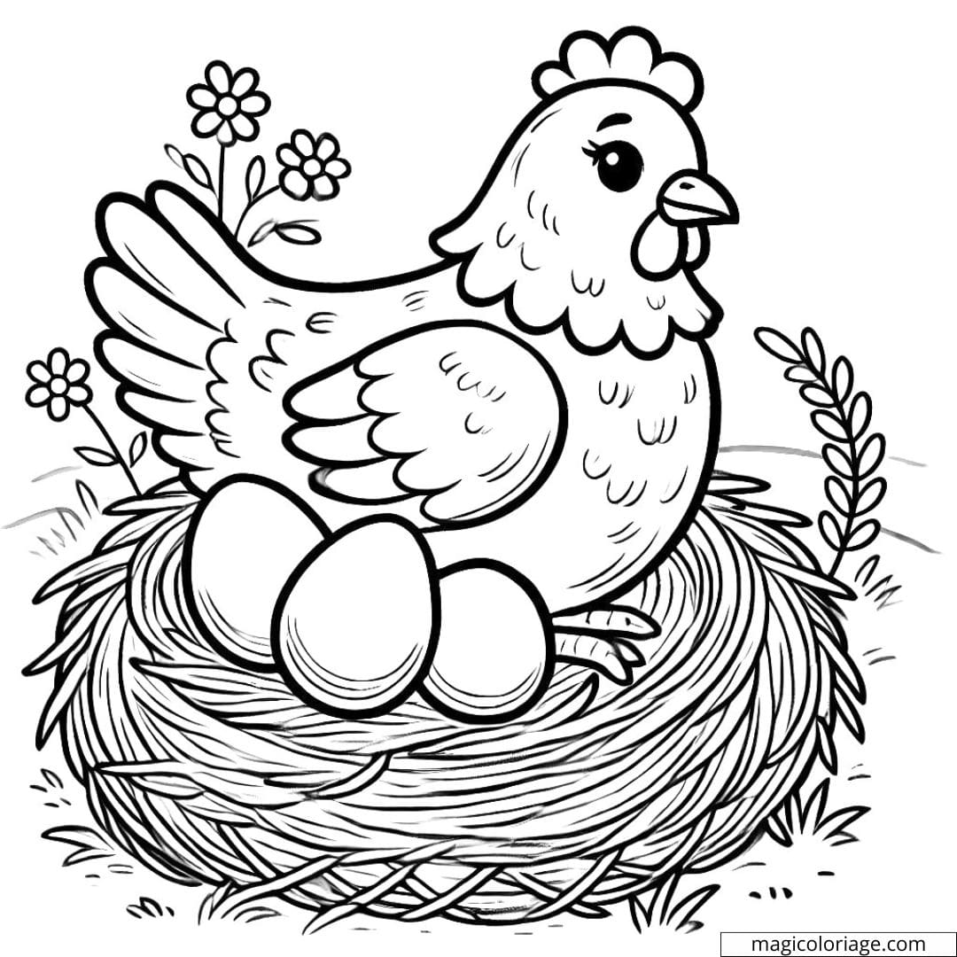 Coloriage ferme à imprimer avec une poule sur un nid avec des œufs.